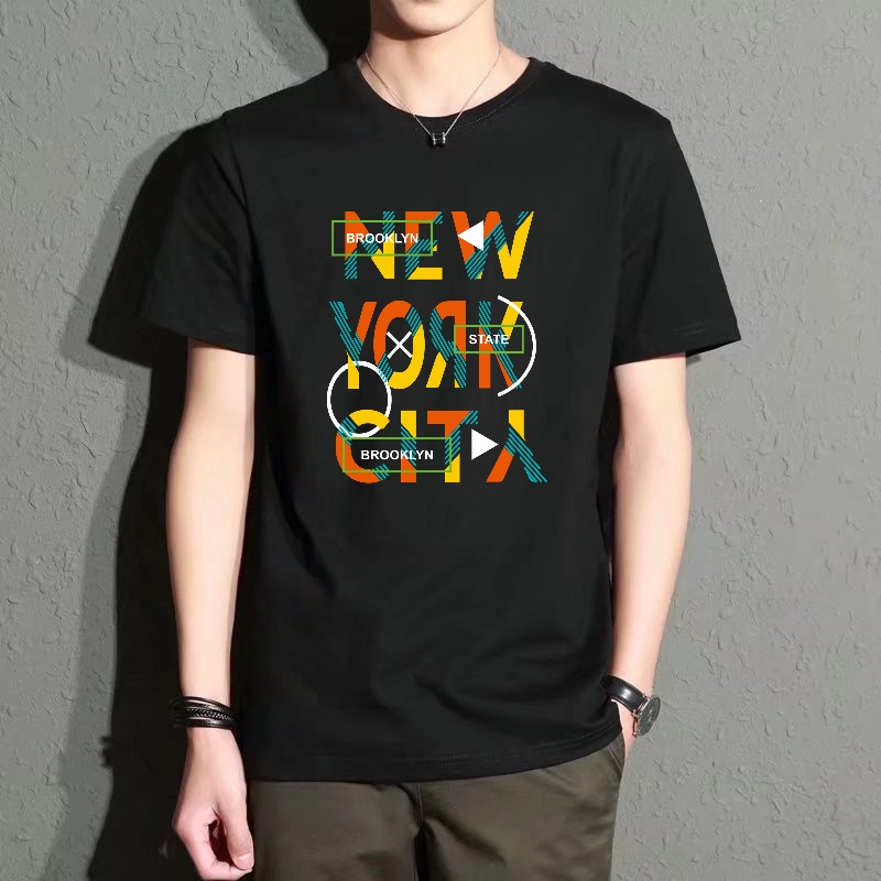 Street Style New York Fashion - Men's Black Round-Neck Short-Sleeved T-Shirt, Trendy