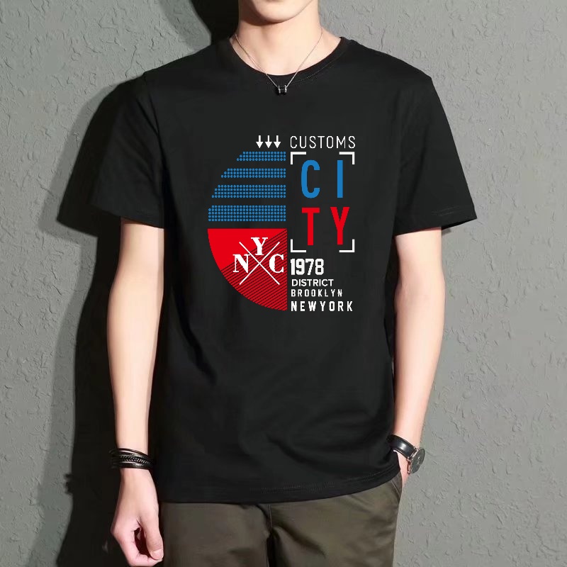 Street Style New York Fashion - Men's Black Round-Neck Short-Sleeved T-Shirt, Trendy