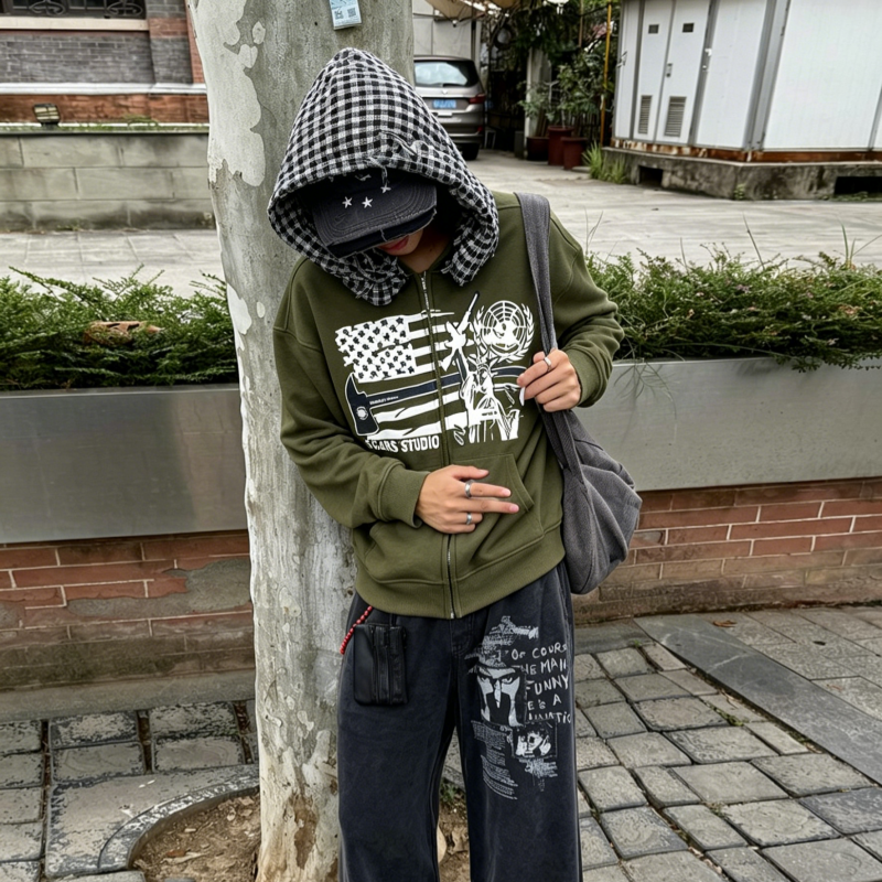 Street Fashion Zip Up Hoodie - Cross border new zipper retro fashion