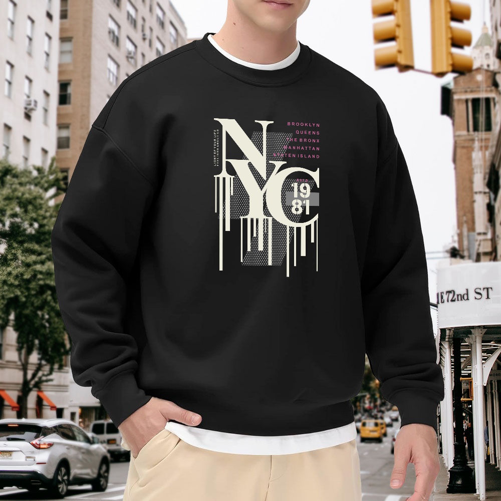 Street Style New York Fashion - Men's Black Crew Neck Loose Sweatshirt