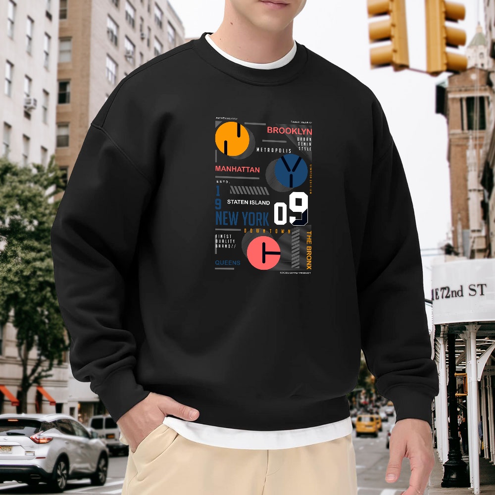 Street Style New York Fashion - Men's Black Crew Neck Loose Sweatshirt