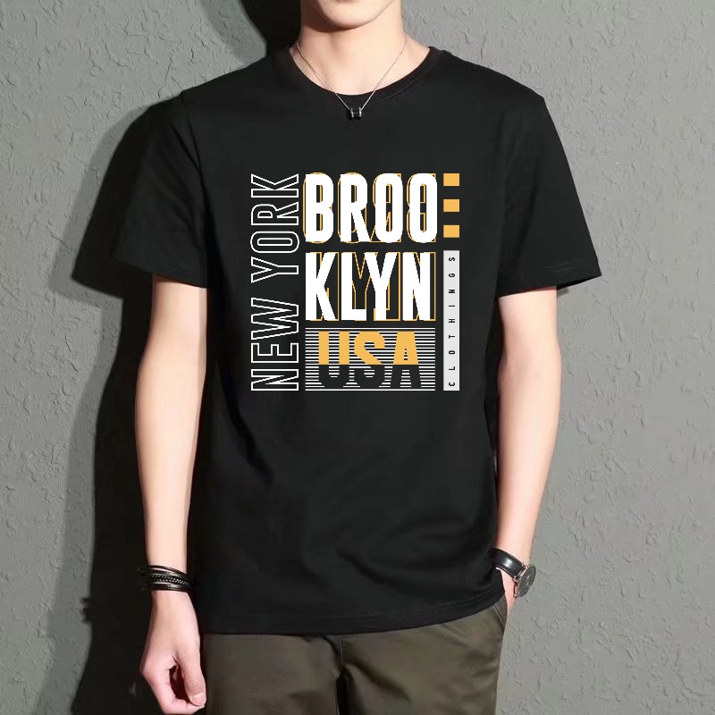 Street Style New York Fashion - Men's Black Round-Neck Short-Sleeved T-Shirt, New