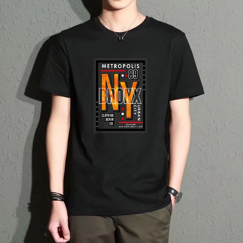 Street Style New York Fashion - Men's Black Round-Neck Short-Sleeved T-Shirt, Trendy