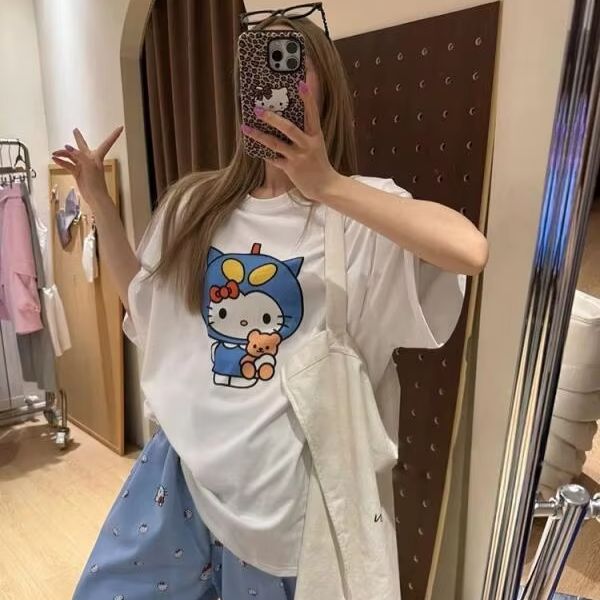 Short Sleeved Hello Kitty Prin – Street Fashion Casual Bewertung und Preis