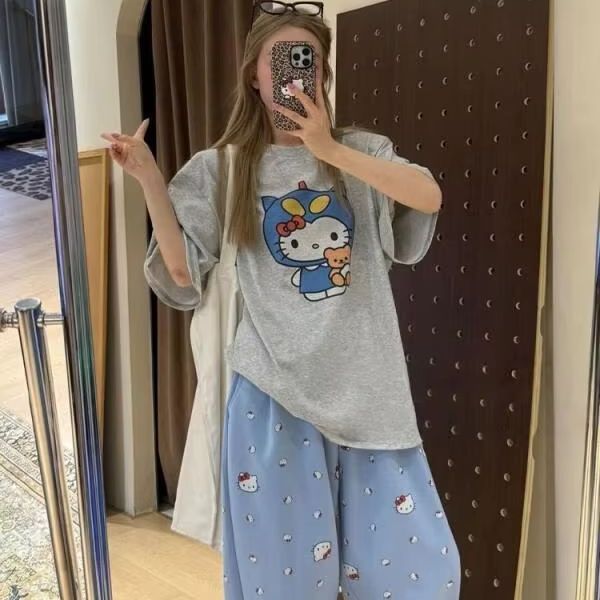 Short Sleeved Hello Kitty Prin – Street Fashion Casual Bewertung und Preis